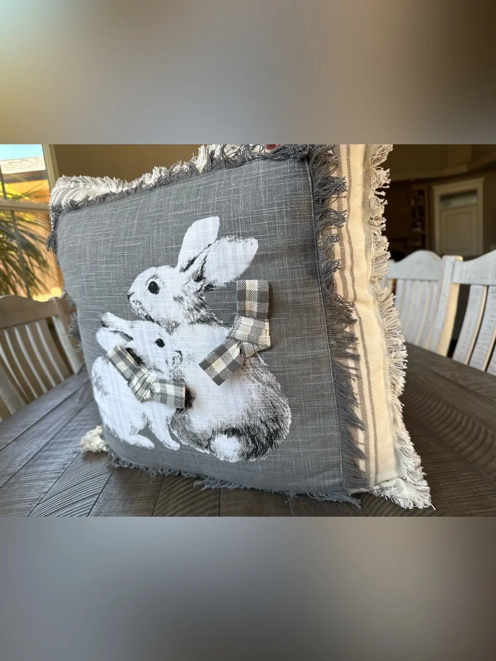 Gray Bunny 20X20 Farmhouse Decorative Fringe & Checkered Throw Pillow